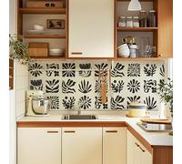 Alwayspon Self-Adhesive Vinyl Wall Tile Stickers, 25Pcs 15cm/6inch Peel and Stick on Tiles Transfer Vinyl Flooring Waterproof Splashback for Kitchen Bathroom, Black White Floral