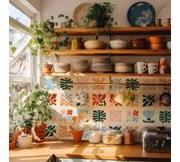 Alwayspon Tile Sticker, 10PcsX20cm/8inch Beige Flower and Leaf Self Adhesive Stick on Tiles Transfer Sticker for Bathroom Kitchen, Splashback, Peel and Stick Vinyl Floor Wall Tiles Sticker