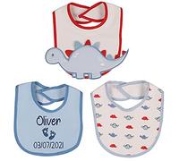 Alwaystrusted Personalised Gift Blue Boys Baby 3D Bibs Pack of 3 Blue Glitter Heart Feet Name and Date Boy AT-SB75-16-RB