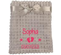 Alwaystrusted Personalised Gift Grey Baby Jacquard Blanket - Squares Pink Feet Name and Date Girl AT-SB40-15-M