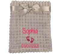 Alwaystrusted Personalised Gift Grey Baby Jacquard Blanket - Squares Pink Glitter Heart Feet Name and Date Girl AT-SB40-16-M