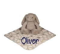 Alwaystrusted Personalised Gift Grey Rabbit Toy with Coral Fleece Heart Blanket Blue Name Round Font Boy AT-SB30-32-RB