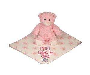 Alwaystrusted Personalised Gift Pink Teddy Bear with Coral Fleece Star Blanket Pink My 1st Mother's Day Glitter Girl AT-SB27-20-M