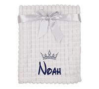Alwaystrusted Personalised Gift White Baby Jacquard Blanket - Squares Blue Crown Boy AT-SB41-05-RB