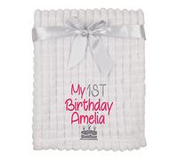 Alwaystrusted Personalised Gift White Baby Jacquard Blanket - Squares Pink My 1st Birthday Glitter Girl AT-SB41-17-M