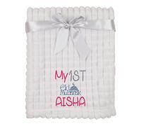 Alwaystrusted Personalised Gift White Baby Jacquard Blanket - Squares Pink My 1st Eid Glitter Girl AT-SB41-27-M