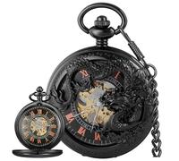 Alwesam Men's Mechanical Dragon Design Hand Wind Pocket Watch Roman Numerals Steampunk with Chain Box, black, Modern