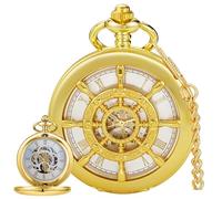 Alwesam Men's Mechanical Holoow Design Hand Wind Pocket Watch Roman Numerals Steampunk with Chain Box, gold white, gift