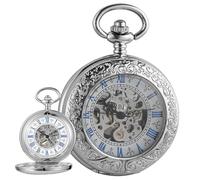 Alwesam Mens Pocket Watch Skeleton Mechanical Hand Winding Half Hunter Silver Black Golden Case Roman Numerals with Gift Box, silver, every day