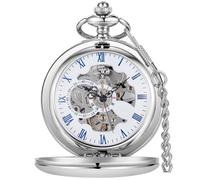 Alwesam Mens Pocket Watch Skeleton Mechanical Hand Winding Half Hunter Silver Black Golden Case Roman Numerals with Gift Box, silver-1, every day
