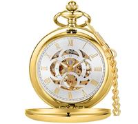 Alwesam Mens Pocket Watch Skeleton Mechanical Hand Winding Half Hunter Silver Black Golden Case Roman Numerals with Gift Box, gold, every day