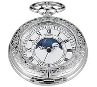 Alwesam Pocket Watch Moon Phase Calendar Roman Numerals Scale Quartz Pocket Watches with Chain Best Gifts, SH1004-silver., every day