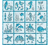 Alwodici 16Pcs Sea Animal Stencils Reusable Stencils for Painting Marine Creature Drawing Stencil Mermaid Whale Seahorse Ocean-Themed Template for Painting DIY Crafts Wood Wall Spray Paint Home Decor