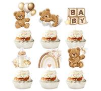 Alwodici 24Pcs Cupcake Toppers Baby Shower Cake Decoration Brown Cute Bear Cake Topper For Baby Shower Gender Revealing Parties Birthday Bear Themed Party Bridal Showers Cake Decoration Supplies