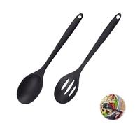 Alwodici 2Pcs Silicone Cooking Spoon Black Kitchen Solid and Slotted Spoon Set 27cm Heat Resistant Silicone Spoon Large Nonstick Kitchen Spoon for Cooking Soup Draining Stirring Scooping Mixing