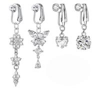 Alwodici 4 Pcs Fake Belly Button Piercing Clip On Belly Button Ring With Heart Butterfly Circular Long Pendant Shaped Copper Inlaid Zircon Belly Button Bars Silver Fake Piercings Bars For Women Men