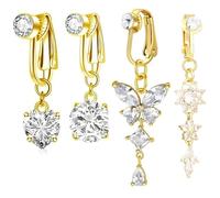 Alwodici 4 Pcs Fake Belly Button Piercing Clip On Belly Button Ring With Heart Butterfly Circular Long Pendant Shaped Copper Inlaid Zircon Belly Button Bars Fake Piercings Bars For Women Men (Gold)