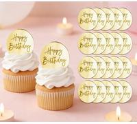 Alwodici Cupcake Toppers 24pcs Gold Acrylic Happy Birthday Cupcake Toppers 2in Round Mirror Cake Discs Mini Shiny Cupcake Decorations For DIY Baking Dessert Birthday Party Supplies