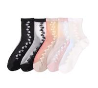Alxad 5 Pairs Sheer High Ankle Socks Transparent Womens Pop Socks, Flowers Patterned Design Casual Breathable Lace Thin Pop Nylon Mesh Socks for Ladies Girls