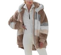 Alxad Coat Hoodie Women Thick Fluffy Teddy Fleece Jacket Cardigan with Pocket Oversized Sherpa Winter Warm Zip up Overcoat Sweatshirt Ladies Plus Size Brown