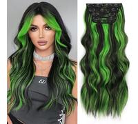 ALXNAN Long Wavy Clip in Hair Extensions, 20" Black Mix Green Highlights