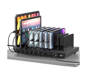 Alxum 120W 10 Ports USB C Charging Station with LED Display, Dual 45W+15W PD3.0 for Laptops & MacBook, 8x15W USB C Ports,5V/3A Output,Smart Desktop Organizer Stand for Phone,Tablet and More Black