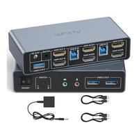 Alxum 2 port HDMI KVM Switch with Audio and Microphone - Two Computers Share Dual Monitors,4K 60Hz 3 USB 5Gbps,Support Extend/Mirror Mode Include Desktop Control & DC 5V Power Adapter