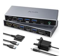 Alxum Aluminium HDMI KVM Switch with Audio Port,DP Input&HDMI Output,2 PC Sharing 2 Monitors,4-Port USB Hub (1x USB-C+3x USB-A) for Keyboard,Mouse,Hard Drives,Printer,Compatible with PC,Laptop,Mac