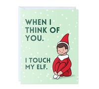 ALY LOU Funny Christmas Card - Festive Punny Xmas Holiday Greeting Card Cute, Blank Inside, Perfect Present for Friends, Family, Him, Her, Colleagues (1 Card - When I Think of You I Touch My Elf)