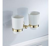 ALYHYB Double Toothbrush Holder for Bathroom Wall Mounted Ceramic Tumbler Holder With Frosted Ceramic Cup Toothpaste Razor Organizer Bathroom Storage, Brushed Gold,brass