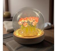 ALYMACK Tulip Lamp Glass Globe - Illuminated Flower Lamp with Glowing Blooms on Wooden Base - Battery-Powered Decorative Night Light for Bedroom, Living Room & Home Decor
