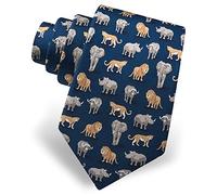 Alynn Men's 100% Silk Navy Blue Big Five Game of Africa Animals Lion Elephant Tie Necktie