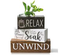 Alynsehom 4Pcs Wooden Bathroom Shelf Decor Rustic Bathroom Signs Accessories with Faux Eucalyptus Leaves Wood Block Sign Gift Relax Soak Unwind Table Centerpiece Decor for Home Toilet