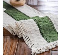 Alynsehom Cream Beige and Green Boho Macrame Table Runner with Tassels, Hand Woven Cotton and Linen, Striped Pattern, 12x71in