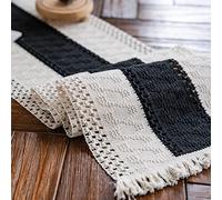 Alynsehom Macrame Table Runner Cream Beige and Black Boho Table Runners with Tassels Hand Woven Cotton Table Runner Rustic Farmhouse Table Runners for Bohemian Kitchen Dining Table(12x48in)