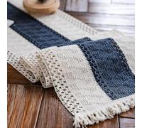 Alynsehom Macrame Table Runner Cream Beige and Blue Boho Table Runners with Tassels Hand Woven Cotton Table Runner Rustic Farmhouse Table Runners for Bohemian Kitchen Dining Table(12x71in)