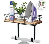 Alyoen Ironing Board Holder, Wall Mount, Ironing Board Hanging with Wooden Storage Basket and Adjustable Hooks, for Organising Irons, Ironing Boards and Toiletries, Black, Iron