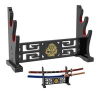 Alyoen Sword Stand, Katana Holder, Wood Katana Stand with Velvet Padded Hook & Dragon Pattern, 2-Tier Samurai Sword Holder Display Rack for Tanto Rapier Light Saber Wakizashi