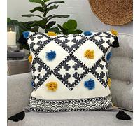 Alysheer Boho Tufted Decorative Throw Pillow Cover 18''x18'' with Tassels Fringe, Cotton Velvet Reversible Woven Bohemian Style Cushion Case for Sofa Couch Bed Living Room(Mustard Blue)