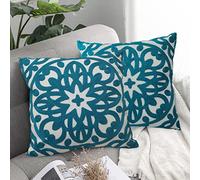Alysheer Embroidered Decorative Throw Pillow Covers 18"x18" Set of 2 Pieces, Boho Classic Mandala Knit Pattern, Durable 100% Cotton Canvas Cushion Cases for Sofa Couch Living Room Gifts (Teal Blue)