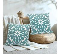 Alysheer Embroidered Decorative Throw Pillow Covers 18"x18" Set of 2 Pieces, Boho Mandala Classic Chic Pattern, Durable 100% Cotton Canvas Cushion Cases for Sofa Couch Living Room(Dusty Aqua Blue)