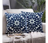 Alysheer Embroidered Decorative Throw Pillow Covers 18"x18" Set of 2 Pieces, Classic Boho Mandala Knit Pattern, Durable 100% Cotton Canvas Cozy Cushion Cases for Sofa Couch Living Room (Navy Blue)