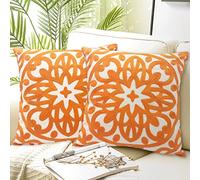 Alysheer Embroidered Decorative Throw Pillow Covers 18"x18" Set of 2 Pieces, Classic Boho Mandala Knit Pattern, 100% Cotton Canvas Cozy Vibrant Cushion Cases for Sofa Couch Living Room (Bright Orange)