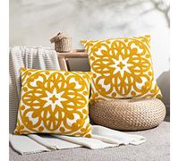 Alysheer Embroidered Decorative Throw Pillow Covers 18"x18" Set of 2 Pieces, Cozy Boho Mandala Knit Pattern, Durable 100% Cotton Canvas，Mustard Yellow Cushion Cases for Sofa Couch Living Room (Gold)
