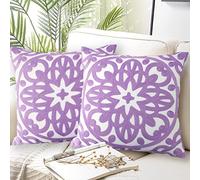 Alysheer Embroidered Decorative Throw Pillow Covers 18"x18" Set of 2 Pieces, Cozy Boho Mandala Knit Pattern, 100% Cotton Canvas Light Purple Cushion Cases for Sofa Couch Living Room (Lilac Lavender)