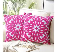 Alysheer Embroidered Decorative Throw Pillow Covers 18"x18" Set of 2 Pieces, Cozy Chic Boho Mandala Knit Pattern, Durable 100% Cotton Canvas Cushion Cases for Sofa Couch Living Room(Vivid Hot Pink)
