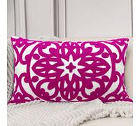 Alysheer Embroidered Lumbar Decorative Throw Pillow Cover 12"x 20", Classic Boho Mandala Embroidery Pattern Cotton Rectangular Cushion Case for Sofa Couch Living Room Bedroom (Fuchsia Pink)