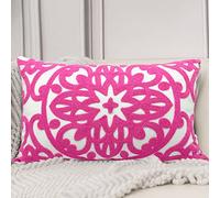 Alysheer Embroidered Lumbar Decorative Throw Pillow Cover 12"x 20", Classic Boho Mandala Embroidery Pattern Cotton Rectangular Cushion Case for Sofa Couch Living Room Bedroom(Bright Hot Pink)