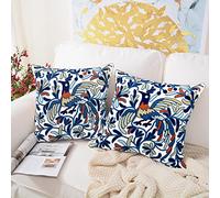 Alysheer Embroidered Summer Decorative Throw Pillow Cover 18"x 18" Set of 2, Boho Navy Blue Bird Embroidery Patterned Cotton Cushion Case for Sofa Couch Living Room Bedroom Outdoor