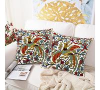 Alysheer Embroidered Summer Decorative Throw Pillow Cover 18"x 18" Set of 2, Boho Orange Bird Embroidery Patterned Cotton Cushion Case for Sofa Couch Living Room Bedroom Outdoor